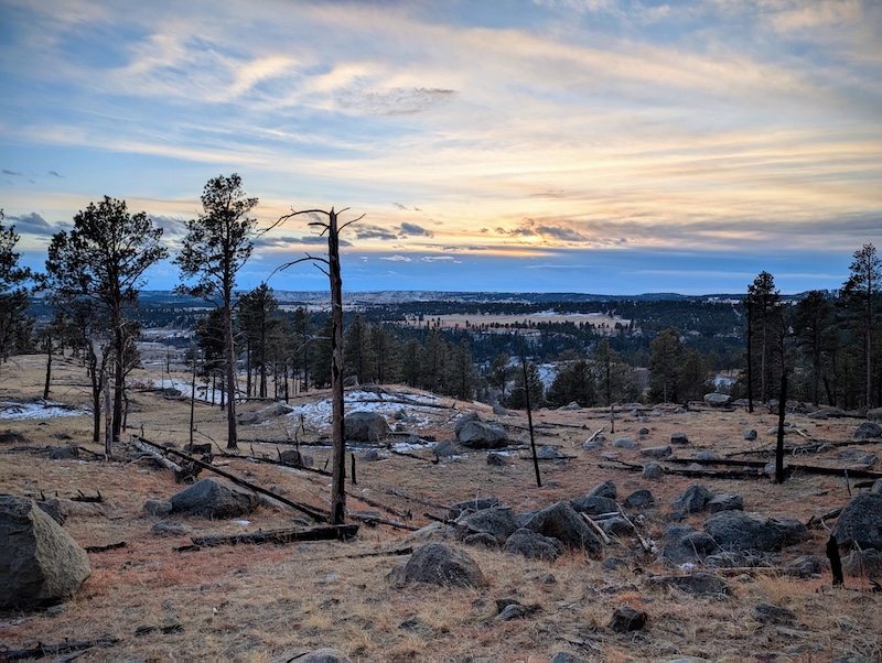 Lots of downed or burned up trees along the path, but sunset was almost upon us.